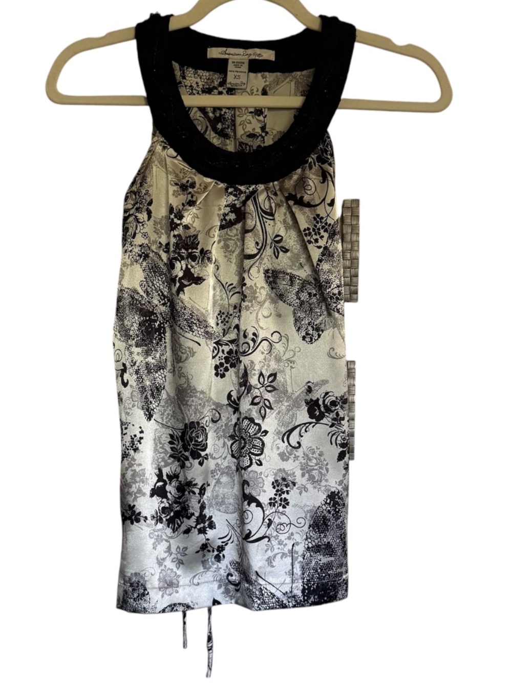 American Rag Satin Butterfly Floral Sleeveless Top Size XS Black